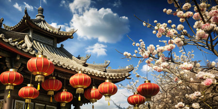 Beautiful Chinese temple with red lanterns and blooming cherry treeの写真素材