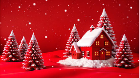 Christmas background with red house and christmas trees. 3D illustration.の写真素材