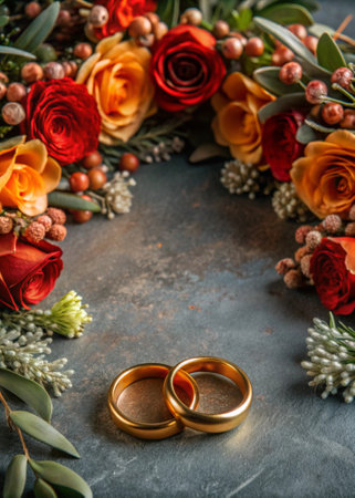 Wedding rings and flowers on stone background with copy space.の写真素材