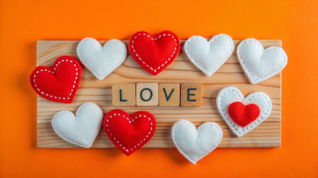 Valentines day background with hearts on wooden board and orange backgroundの写真素材