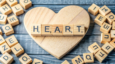 Heart word made of wooden blocks on grey wooden background.