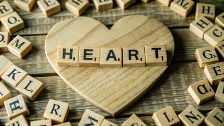 Heart made of wooden letters on a wooden background. Health concept.