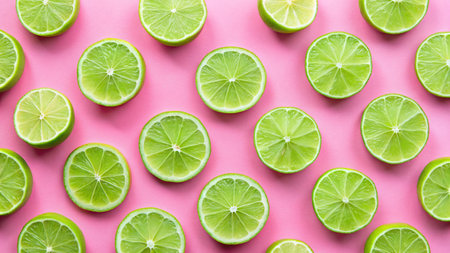 Slices of fresh lime on pink background, top view.の写真素材