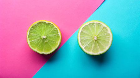 Slices of lime on color background, top view. Citrus fruit