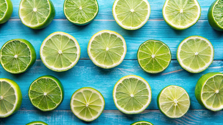 Slices of limes on blue wooden table, top viewの写真素材