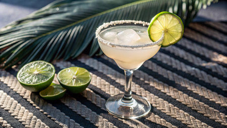 Classic Margarita Cocktail with lime and ice on the beachの写真素材