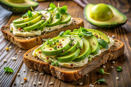 Avocado toast with cream cheese and microgreens on wooden background