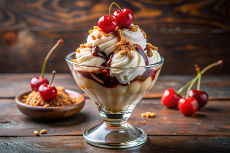 vanilla sundae with whipped cream, cherries and granolaの写真素材