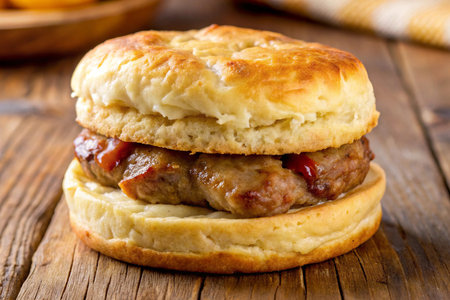Sausage patty with french fries on rustic wooden tableの写真素材