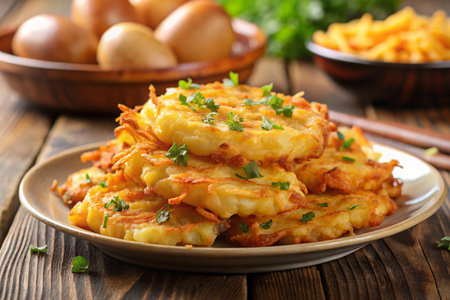 Potato pancakes with sour cream and herbs on a plate, horizontalの写真素材