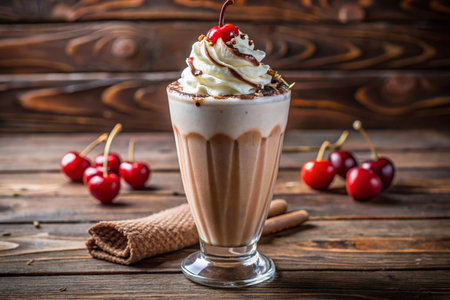 chocolate milkshake with whipped cream and cherry on wooden backgroundの写真素材
