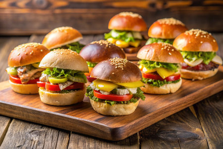 Homemade hamburgers with fresh vegetables and cheese on wooden backgroundの写真素材