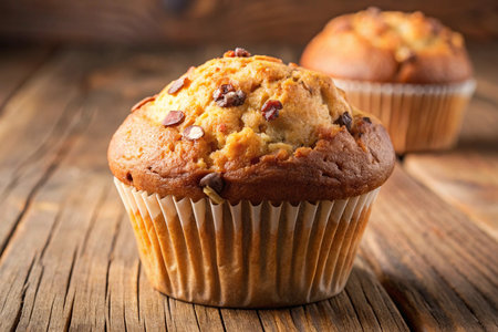 Homemade muffins with chocolate and nuts on a wooden background.の写真素材