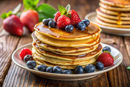 Pancakes with fresh berries and maple syrup, selective focus.の写真素材
