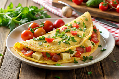 Omelet with tomatoes, cheese and parsley on a plateの写真素材