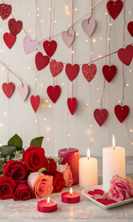 Valentines day background with red roses, candles, hearts and garlandの写真素材