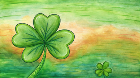 Watercolor illustration of a four-leaf clover on a green background