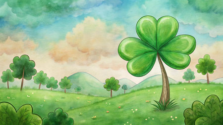 Watercolor illustration of a green clover in a meadow.の写真素材