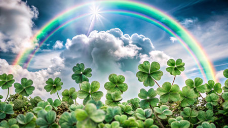 Green clover leaves and rainbow on sky background. St.Patrick's Dayの写真素材