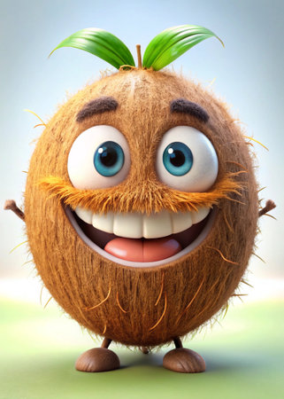Cute funny coconut character with eyes and mouth, 3d illustrationの写真素材