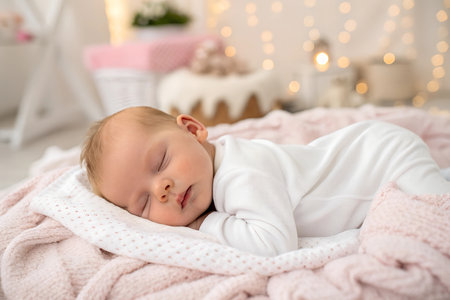 Cute little baby sleeping on plaid at home, closeup