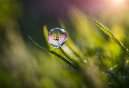 dew drop on green grass in morning light. shallow depth of fieldの写真素材