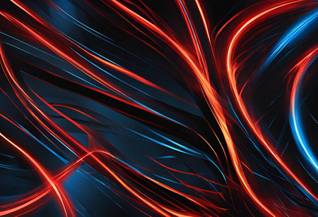 abstract red and blue lines on black background, 3d render