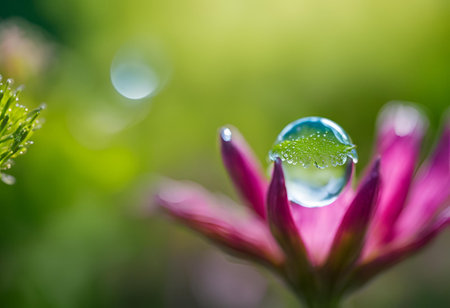 Water drop on flower petals with green bokeh background.の写真素材
