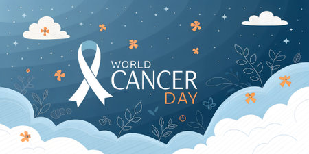 World Cancer Day banner design with blue ribbon and flowers. Vector illustration.