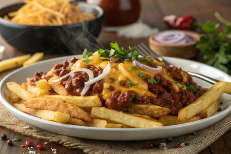 Hot chili con carne with melted cheese and french fries on a plate