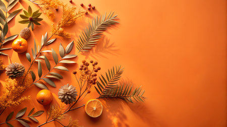 Autumn composition on orange background. Flat lay, top view, copy spaceの写真素材