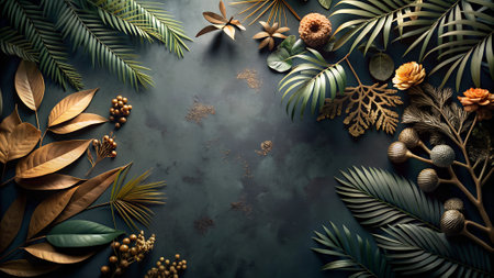 Creative layout made of tropical leaves on dark blue background. Flat lay, top view, copy spaceの写真素材