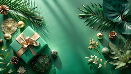 Christmas or New Year flat lay composition with green gift box, pine cones and tropical leaves on green backgroundの写真素材