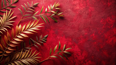 Tropical palm leaves on red textured background with copy spaceの写真素材