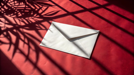 Envelope with shadow of palm leaf on a red background.の写真素材