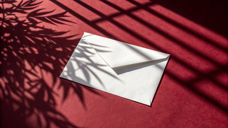 White paper envelope with shadow on red background. Flat lay, top viewの写真素材