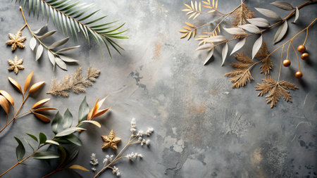Flowers composition. Eucalyptus branches on grey background. Flat lay, top view, copy spaceの写真素材