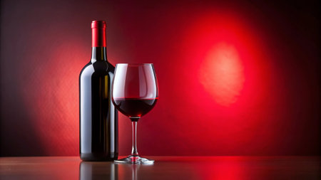 Bottle and glass of red wine on a red background with copy spaceの写真素材