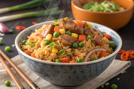 Pilaf with meat and vegetables in a bowl on a dark backgroundの写真素材