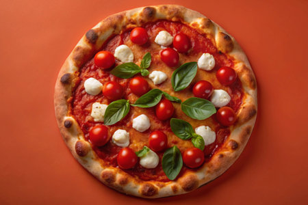 Pizza with mozzarella cheese, cherry tomatoes and basil on a red background