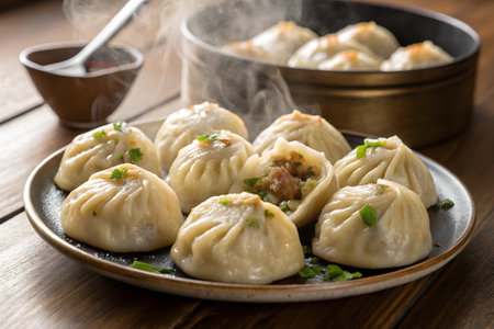 Chinese steamed dumplings with meat and vegetables on a plate