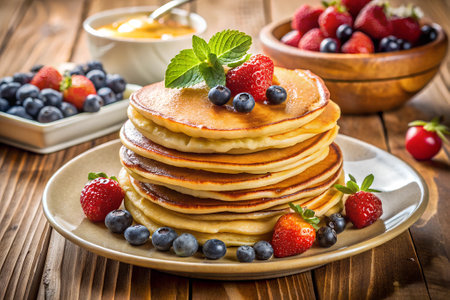 Pancakes with fresh berries, honey and maple syrup on wooden backgroundの写真素材