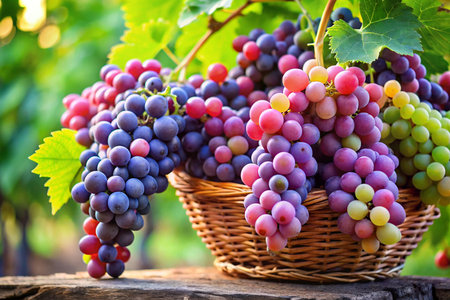 Ripe grapes in a basket on a wooden table in a vineyardの写真素材