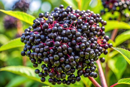 Elderberry berries on the branches of a bush in the garden