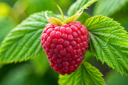 Ripe raspberry on a branch with green leaves in the garden.