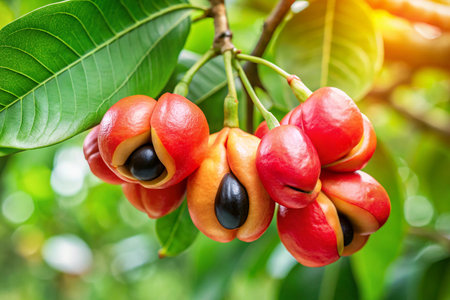 Close up of red fruits on tree in the garden