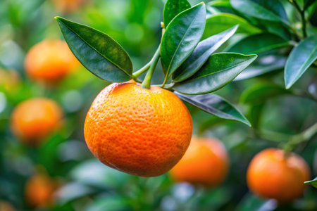 Ripe tangerines on the tree in the orchard.の写真素材