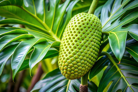 Close-up of green tropical fruit in the botanical garden.