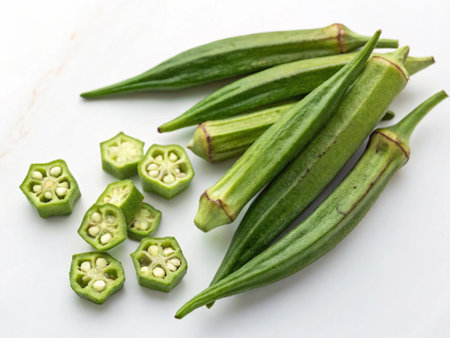 Fresh okra on a white background. Close-up image.の写真素材