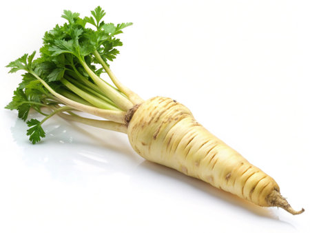 Fresh parsley isolated on white background, parsley root on white backgroundの写真素材